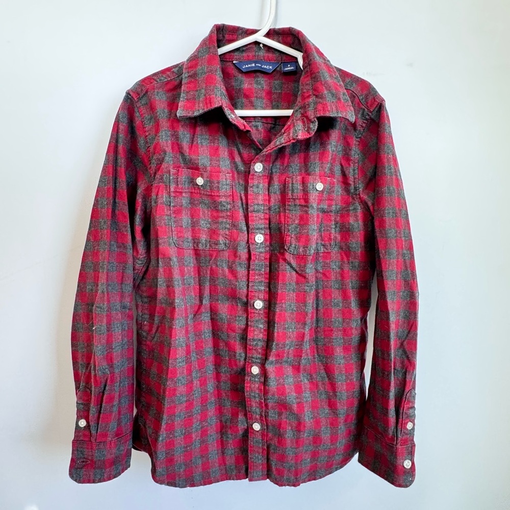 Janie and Jack Flannel Red and Gray Plaid Shirt Size 8